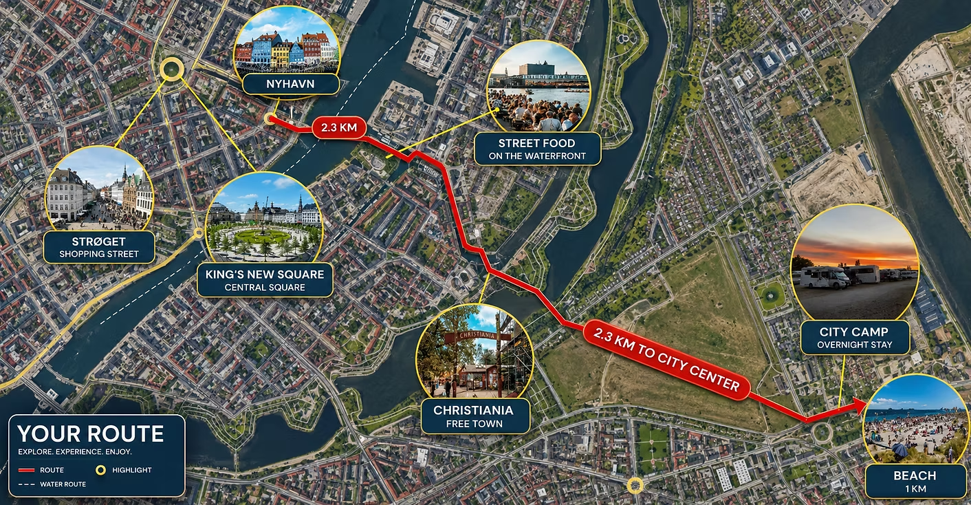 Kort over ruten fra CityCamp til centrum